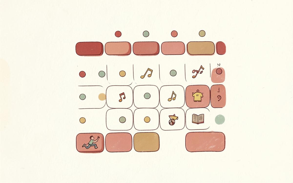 Illustration of a family wall calendar with colored dots and small activity icons