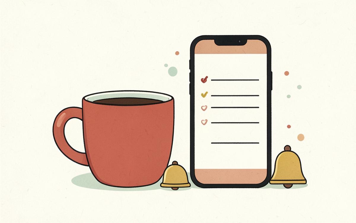 A coffee mug beside a phone showing a short checklist and a bell