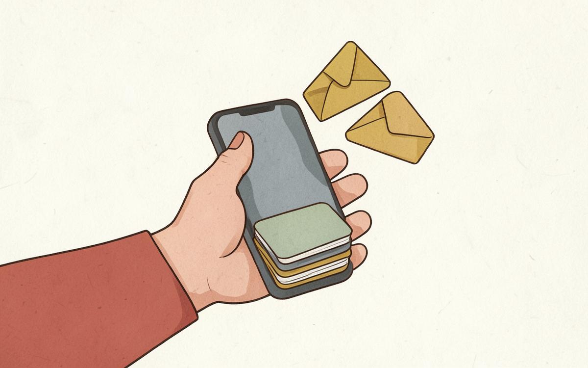 Illustration of a hand holding a phone as envelopes turn into a neat stack of cards
