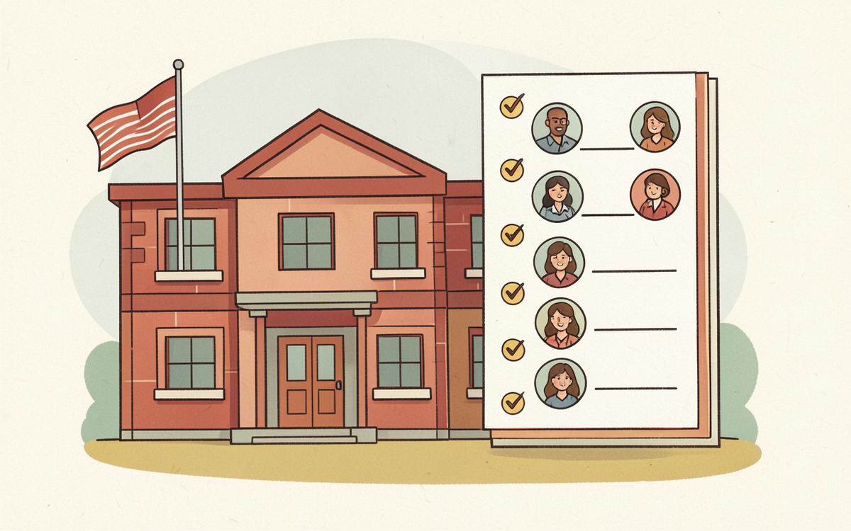 A school building beside a list of teacher portraits with approval checkmarks