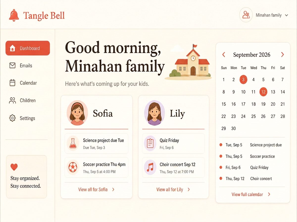 Family dashboard showing each child's upcoming deadlines, activities and a calendar