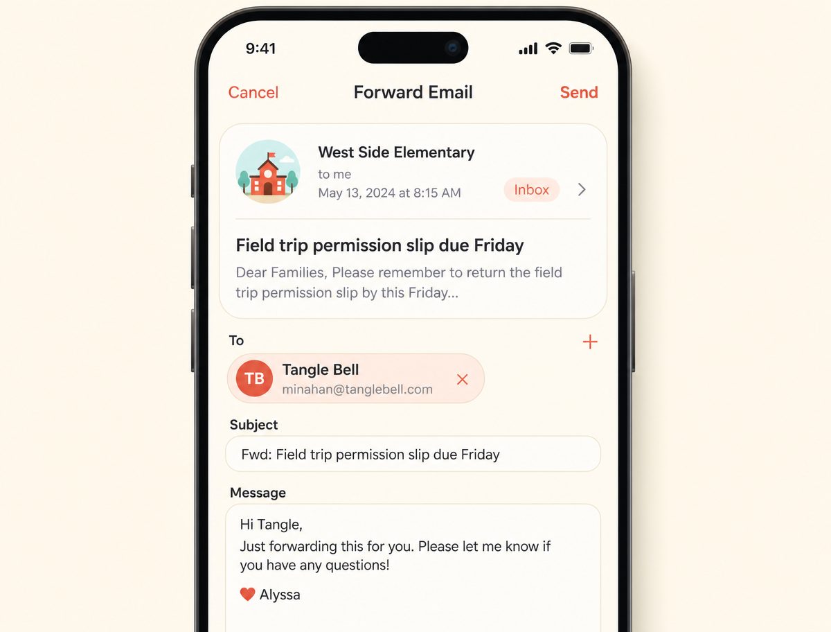 Phone forwarding a school email to the family's Tangle Bell address