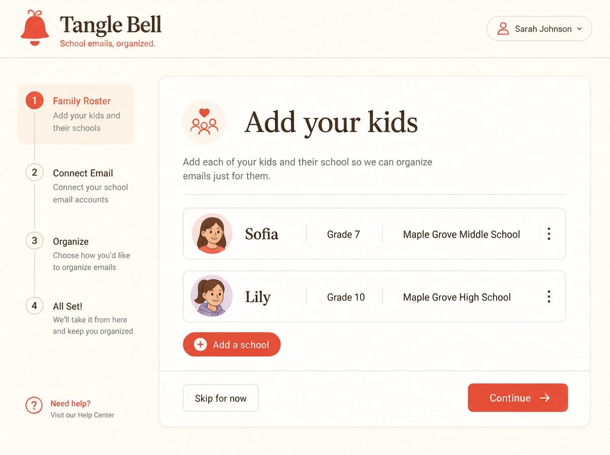 Roster setup screen listing two kids with their grades and schools